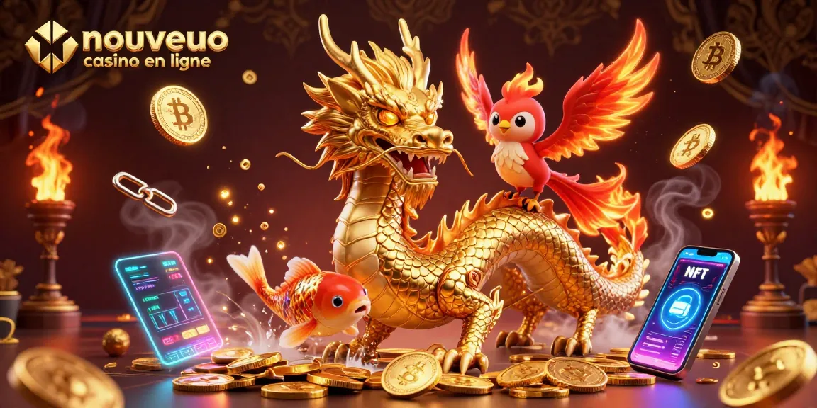 Nouveau casino en ligne: Dragon doré et poissons chanceux s'illuminent dans une scène riche en détails.