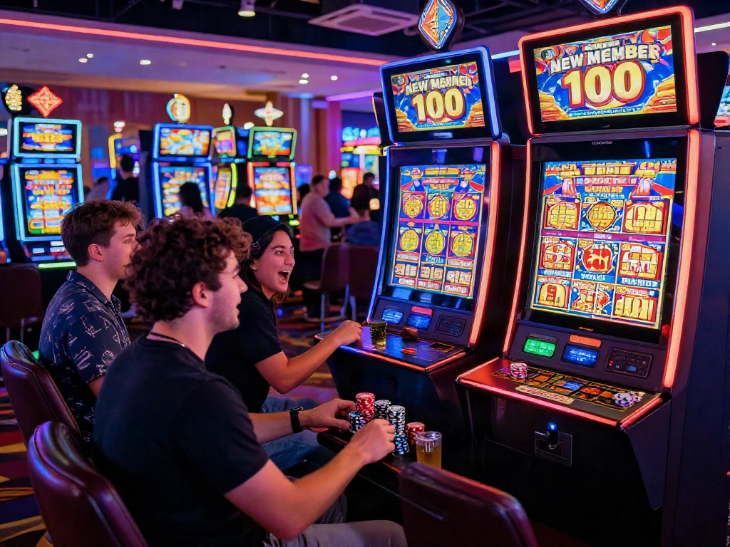 Casinos filled with thrilled players enjoying slot bonus new member 100 on vibrant machines, capturing excitement and energy.