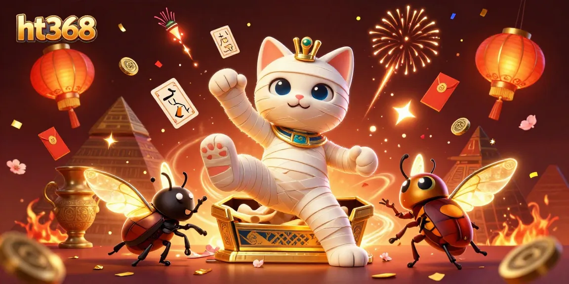 Engage in thrilling gameplay with ht368 in a vibrant casino scene featuring an Egyptian mummy cat.