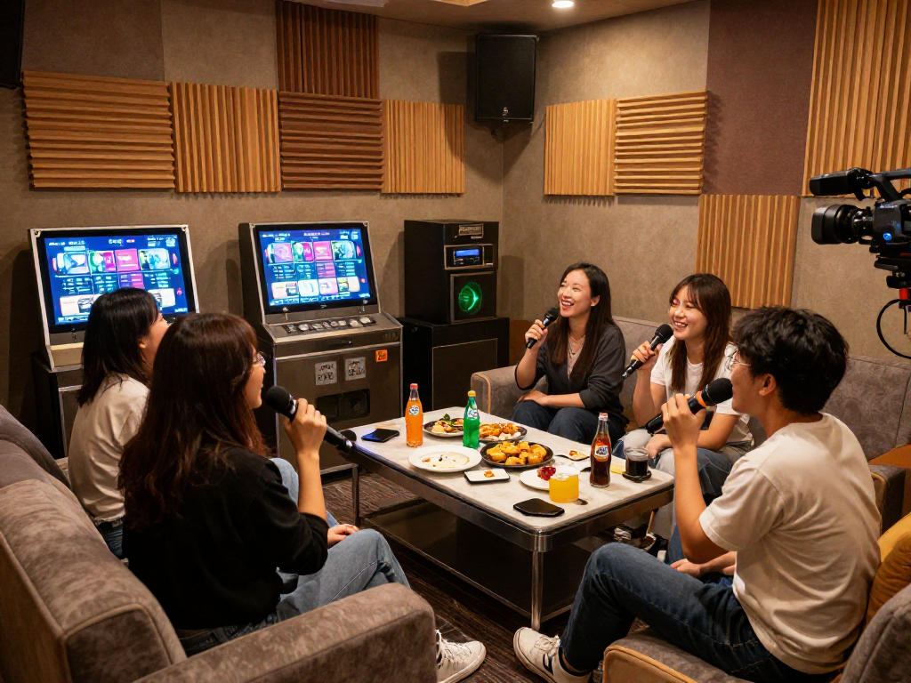 강남 유앤미의 프라이빗 룸에서 친구들과 노래를 즐기는 장면