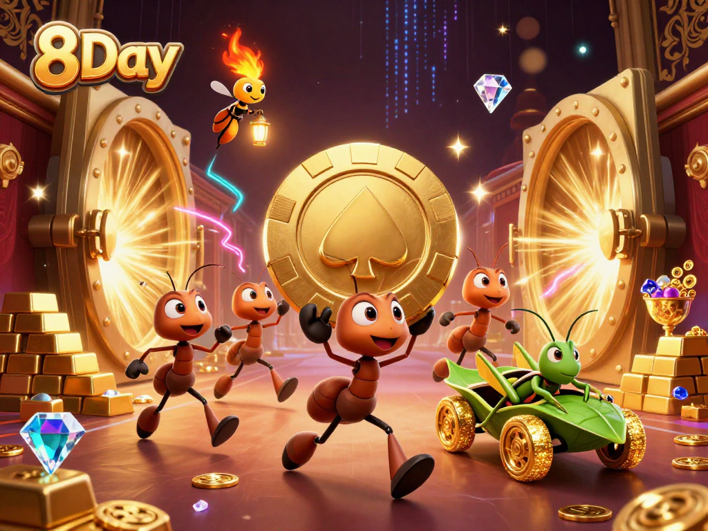 8Day promotes excitement in gambling with cartoon ants navigating a casino heist for golden poker chips.