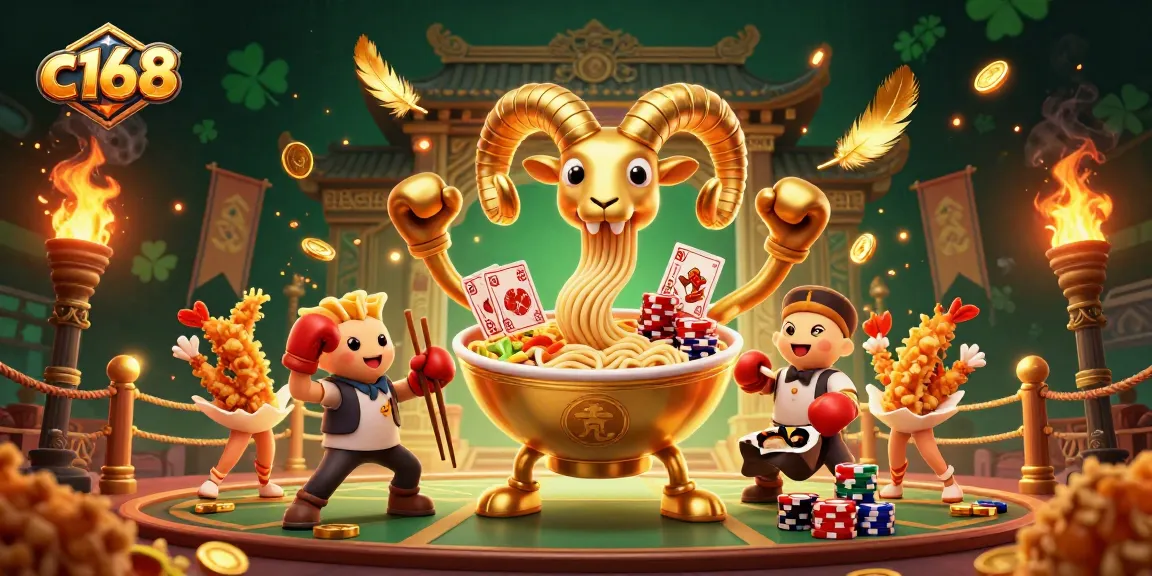 c168 engages in a lively casino battle featuring a ramen bowl and sushi dealer amidst vibrant gaming elements.
