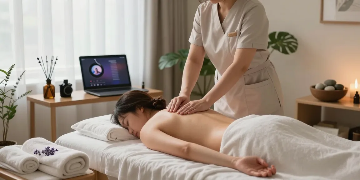 부천출장안마 professional massage therapy session in a tranquil studio with essential oils and soothing atmosphere.