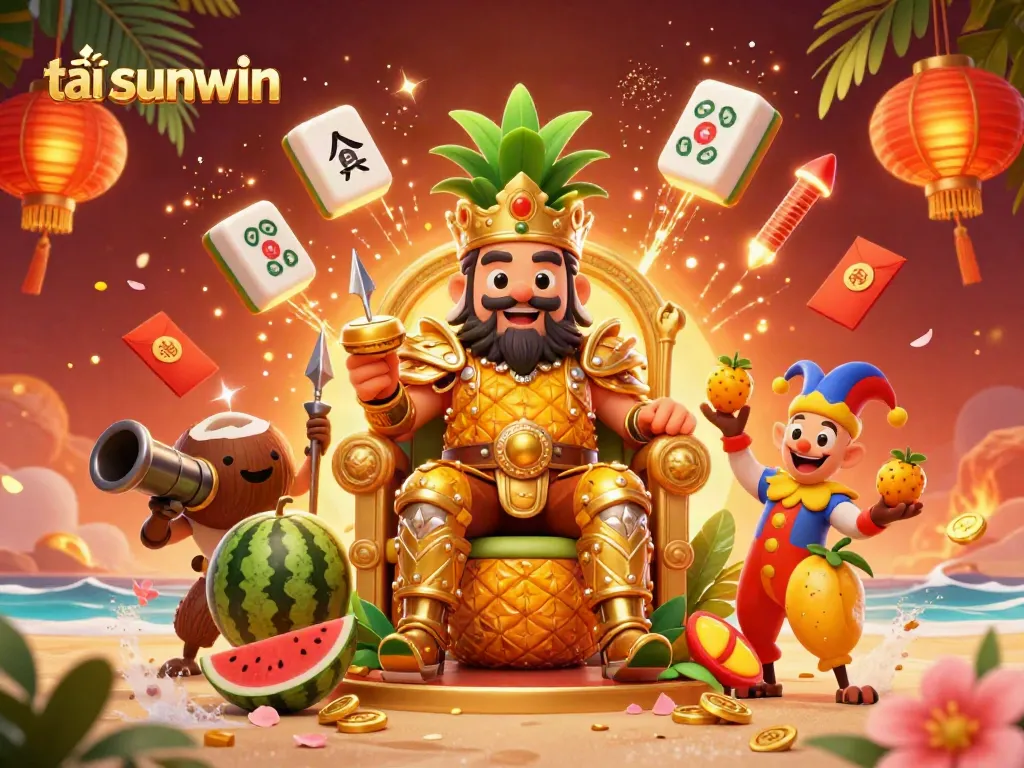Engage in thrilling adventures with tải sunwin, featuring a golden pineapple king in a vibrant beach casino scene.