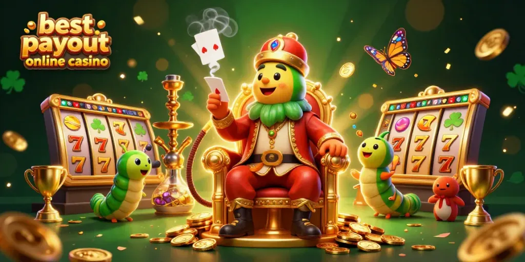 Experience the thrill at the best payout online casino with vibrant slot reels and a whimsical caterpillar character.