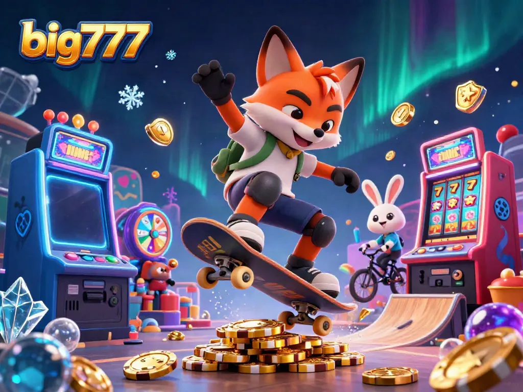 Experience big777 with a thrilling scene of a skateboarder fox, BMX rabbit, and casino symbols in action.