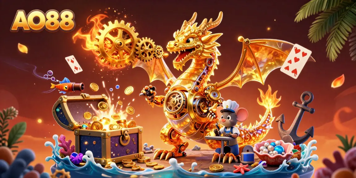 Experience the thrill of winning with AO88's dynamic casino illustration filled with treasures and excitement.