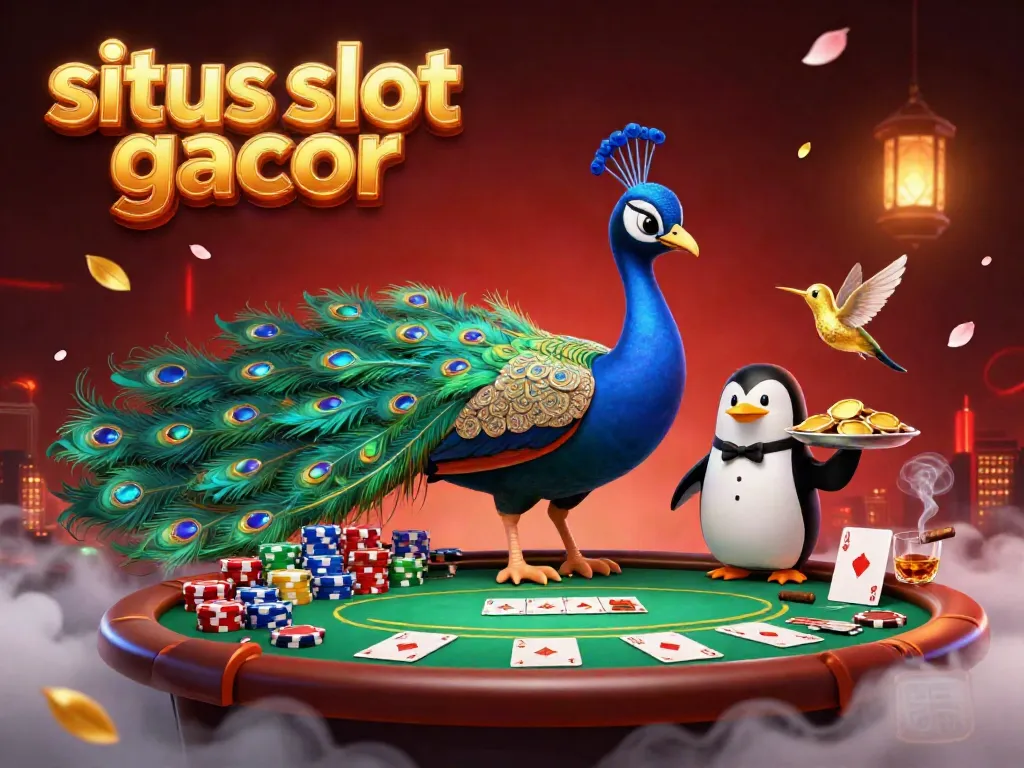 Engage with situs slot gacor through an extravagant casino scene with a peacock, penguin, and hummingbird.