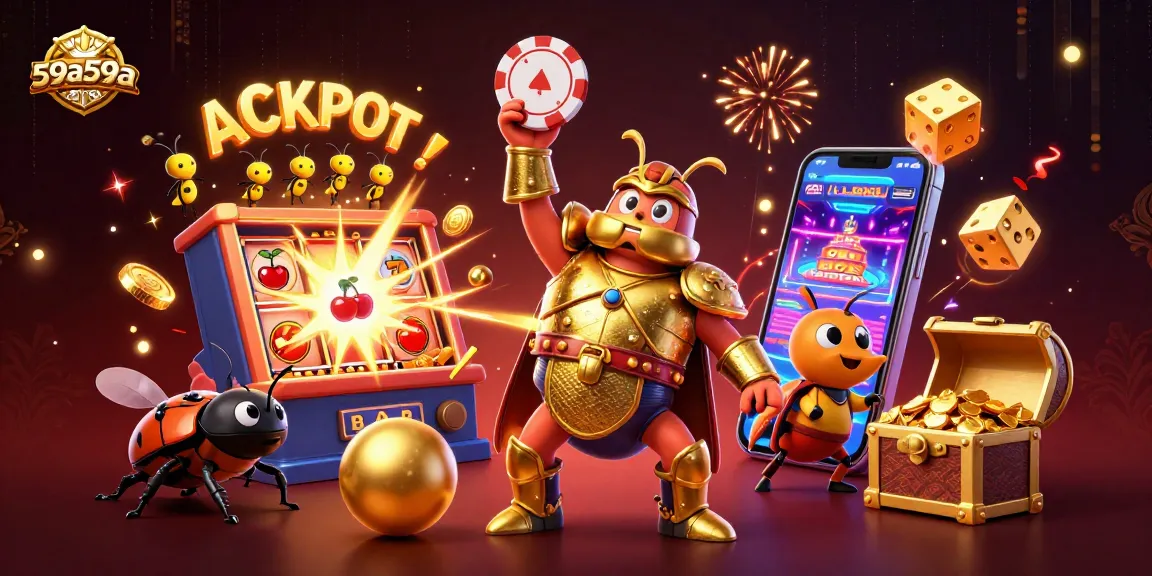 Experience thrilling jackpots with 59a59a in this vibrant 3D casino illustration featuring beetle heroes.