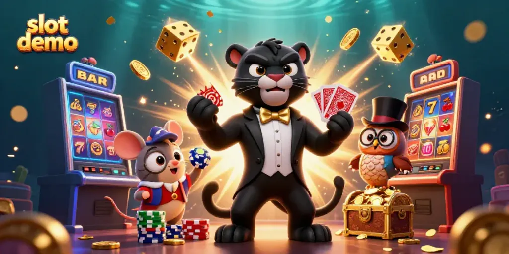 Memainkan slot demo dengan panther elegan, burung hantu, dan tikus keberuntungan di latar kasino.