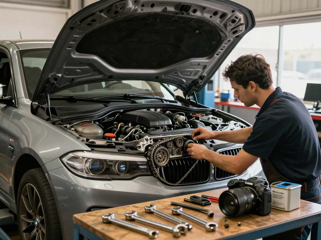 Mechaniker beim BMW Steuerkette wechseln in Werkstatt.