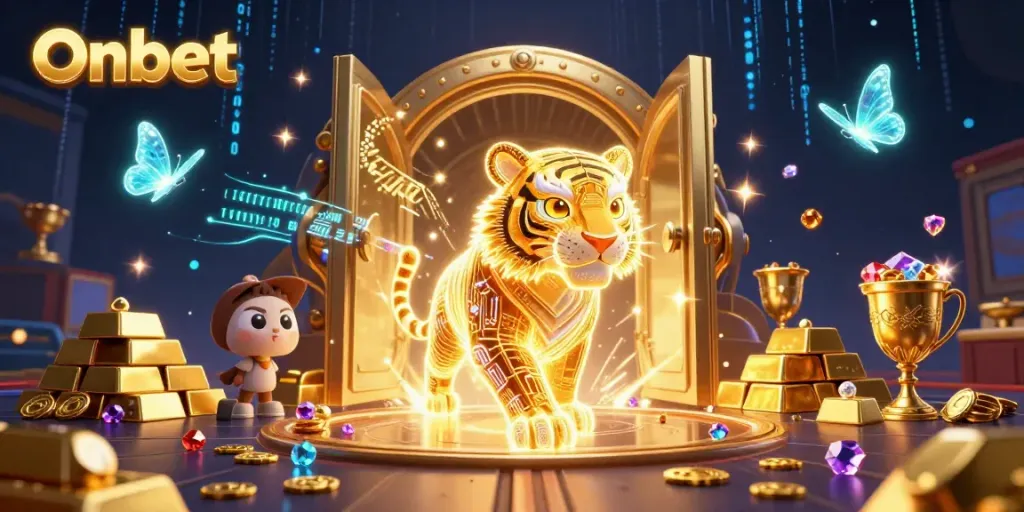 Win big at Onbet with a dazzling digital casino featuring a golden tiger and treasures.
