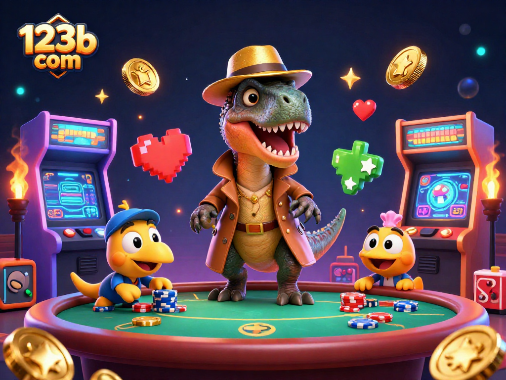 Experience the thrill of poker with 123b com's vibrant animated illustration featuring playful casino characters.