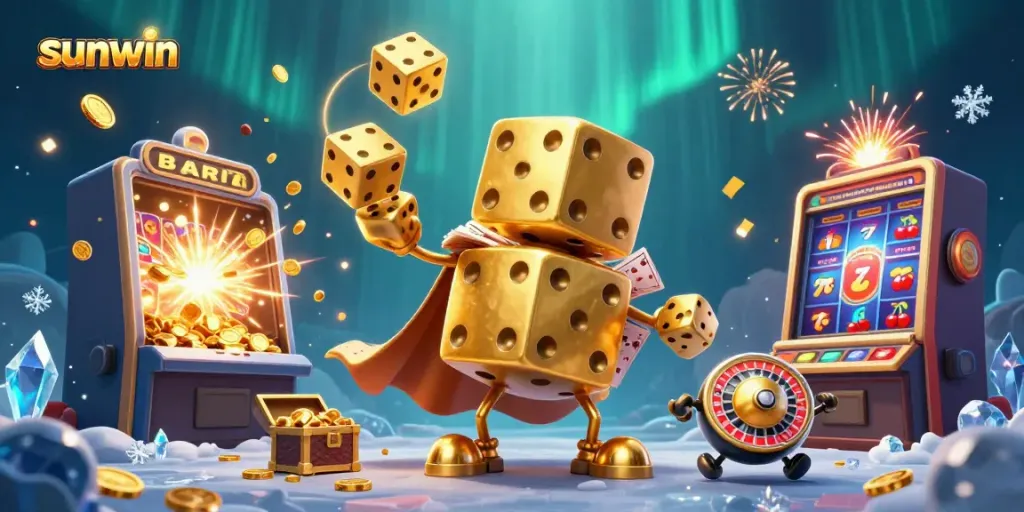 Experience thrilling wins with sunwin's vibrant 3D casino action, featuring golden dice and slot machines