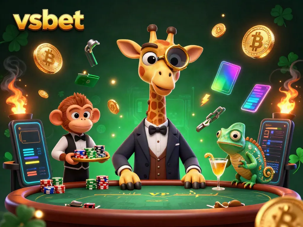 Join the excitement at vsbet with a high-roller giraffe, monkey valet, and chameleon bartender at a VIP poker table amidst vibrant casino elements.