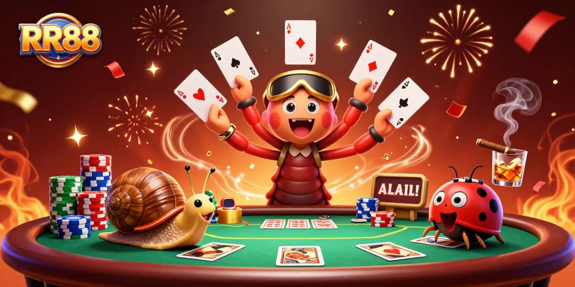 RR88 showcases an exciting casino scene with a millipede dealer and high-roller snail.