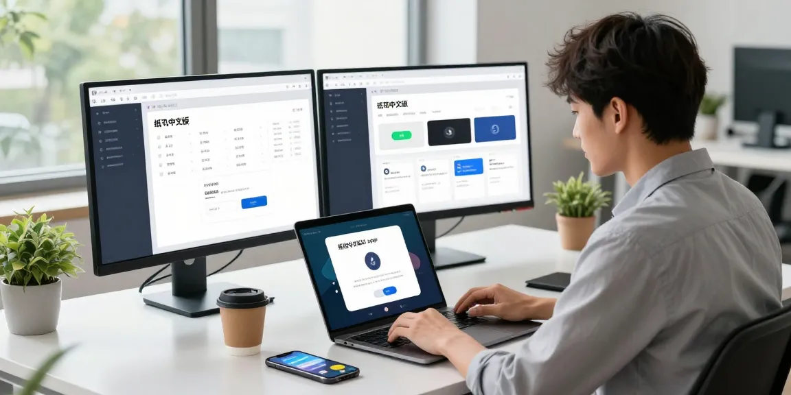 Professional using the 纸飞机中文版 app in a modern tech workspace with dual monitors.