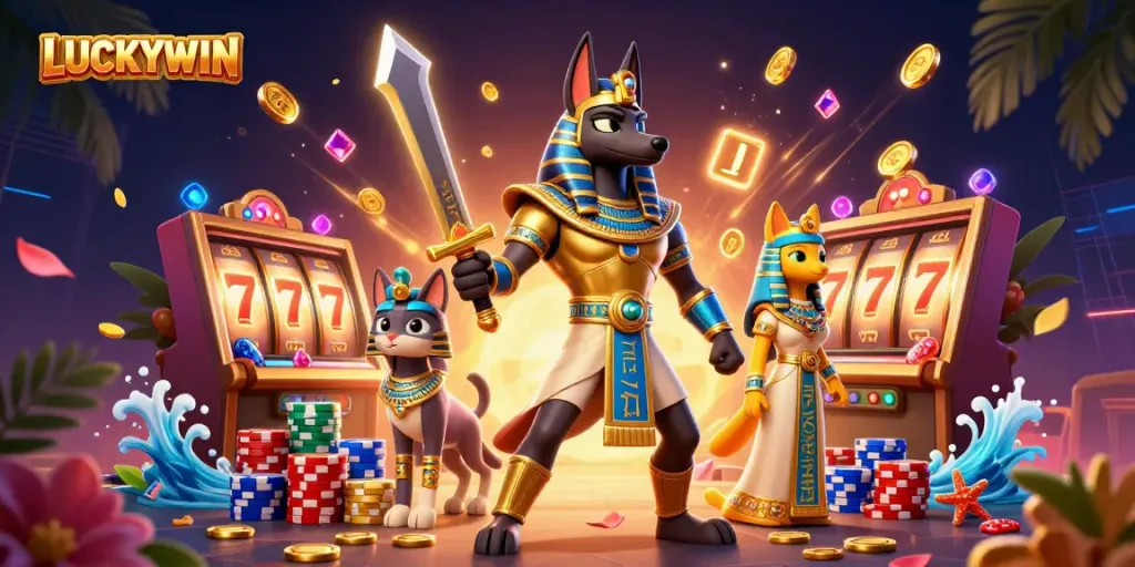 Experience the thrill of winning at LUCKYWIN with enchanting Egyptian characters and dynamic casino elements.