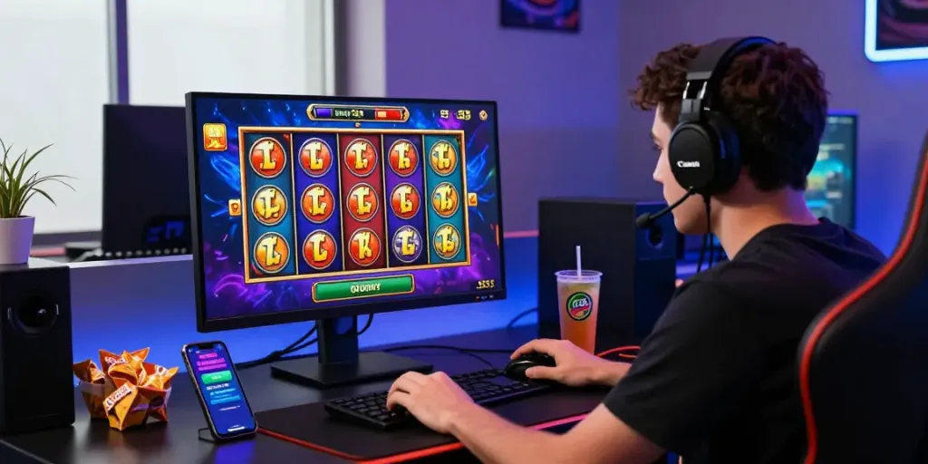 Player immersed in luxury333 online slot games, showcasing vibrant graphics and modern gaming setup.