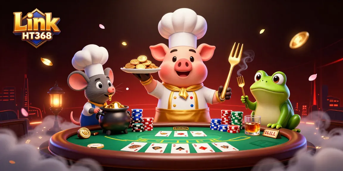 Engaging Link HT368 scene featuring a chef pig, sous-chef mouse, and a frog culinary critic amidst an exciting casino atmosphere.