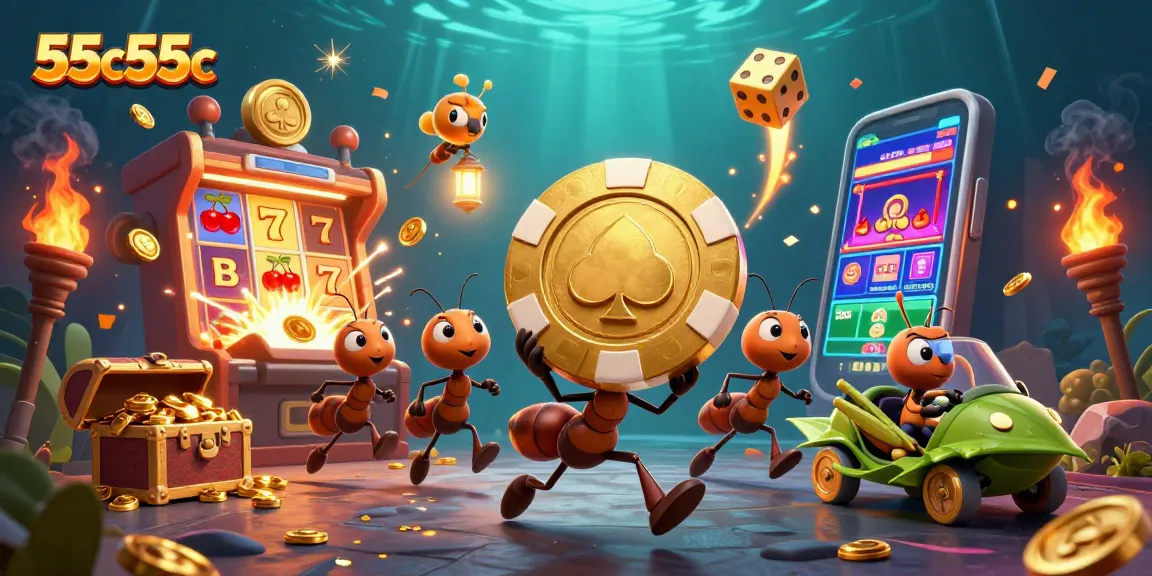 Engaging 3D scene of the 55c55c ants heist with casino elements, showcasing vibrant gambling action.