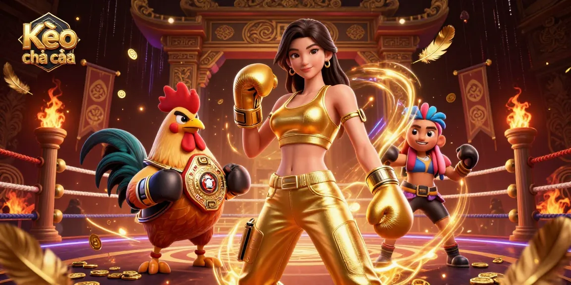 Place bets on Kèo nhà cái with a captivating 3D illustration of a boxer and championship rooster.