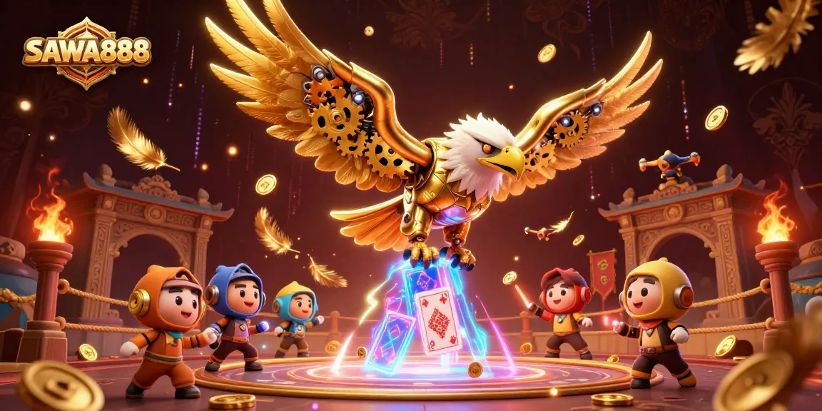 Experience SAWA888's excitement as the golden eagle dives through a vivid holographic playfield.