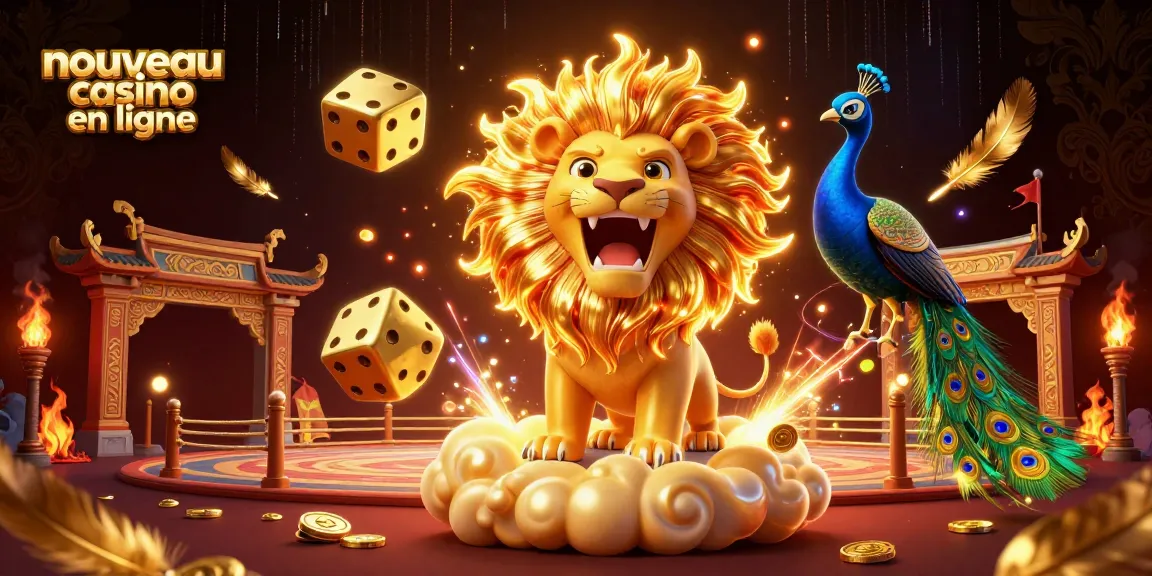 Nouveau casino en ligne illustre une scène dynamique avec un lion solaire, des dés d'or et des éléments de jeu captivants.