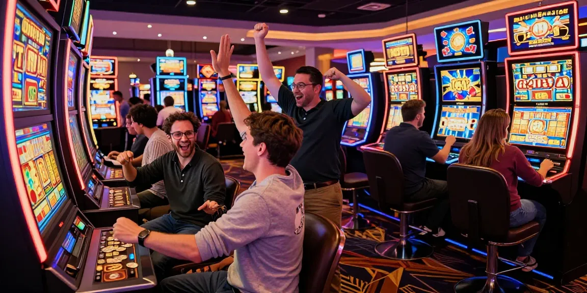 A group celebrating a slot jackpot win on a casino gaming floor in a vibrant atmosphere.