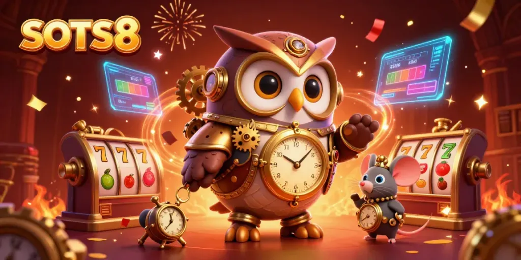 SLOTS8 celebrated with vibrant 3D illustration of a time-traveler owl in a steampunk casino