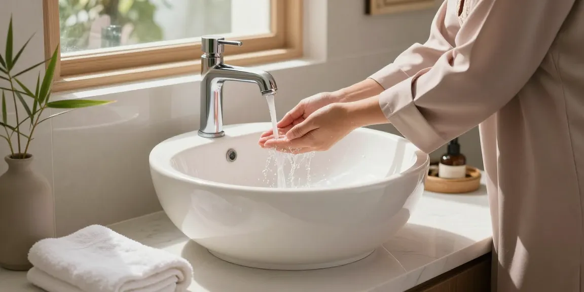 Wudu basin in a serene washroom setting, showcasing modern design and functionality.