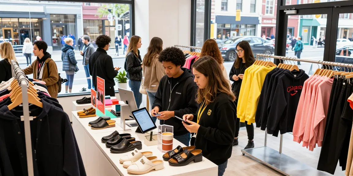 Diverse shoppers using Mulebuy spreadsheet in a stylish urban shopping space.