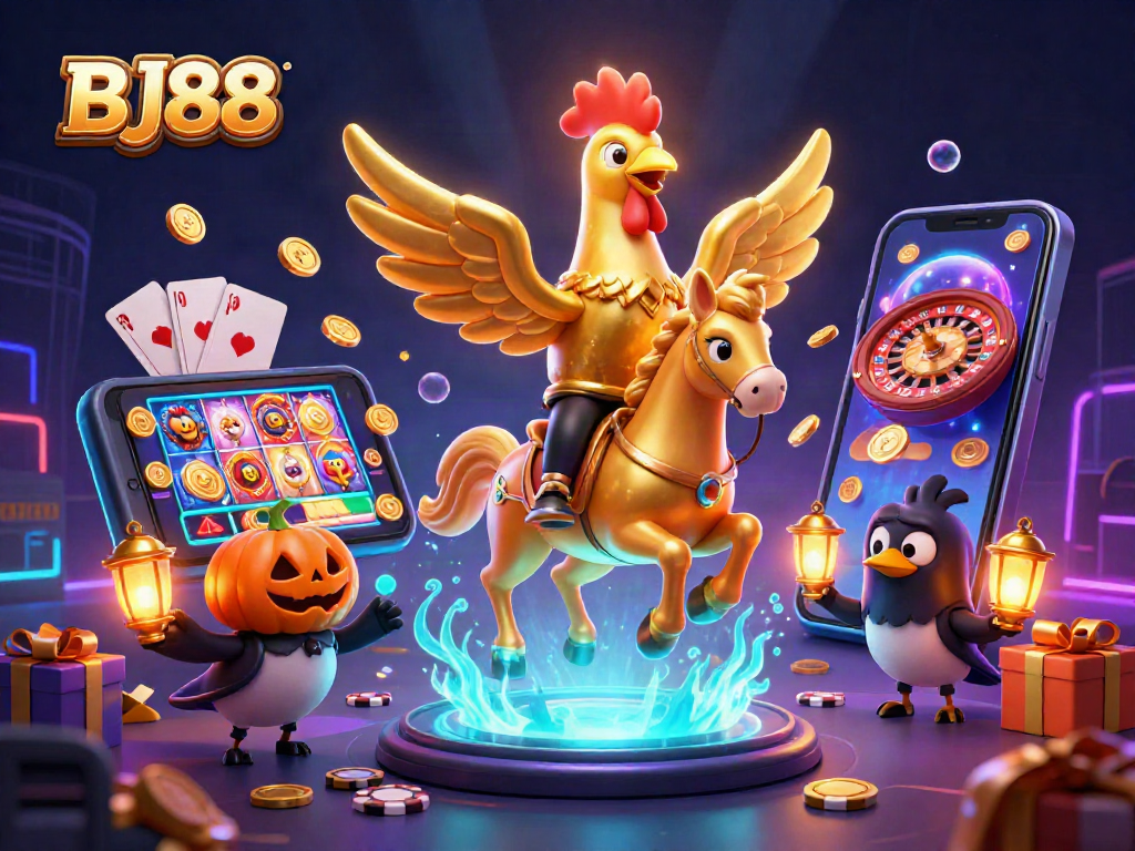 Engage with BJ88 through an enchanting 3D casino scene featuring a golden rooster and slot games.