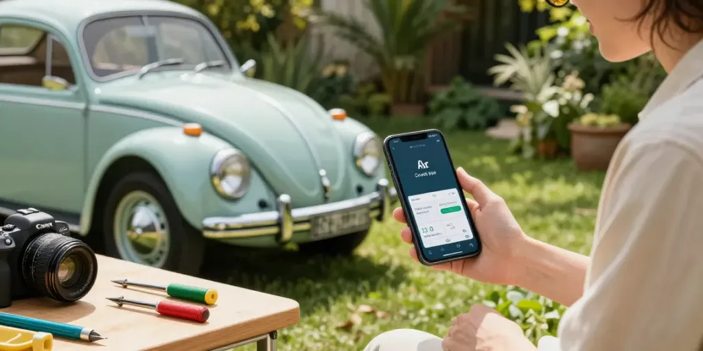 Classic Volkswagen in a garden, highlighting air cooled apps for maintenance