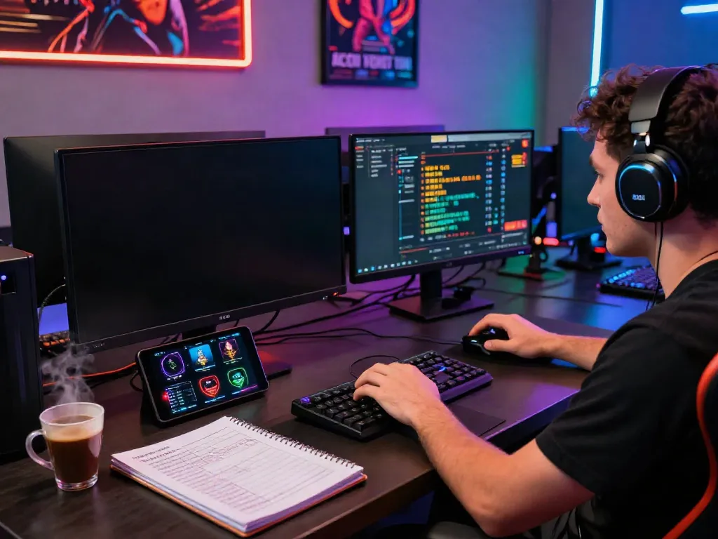 Engaged player analyzing amanahtoto Togel results in a modern gaming setup.