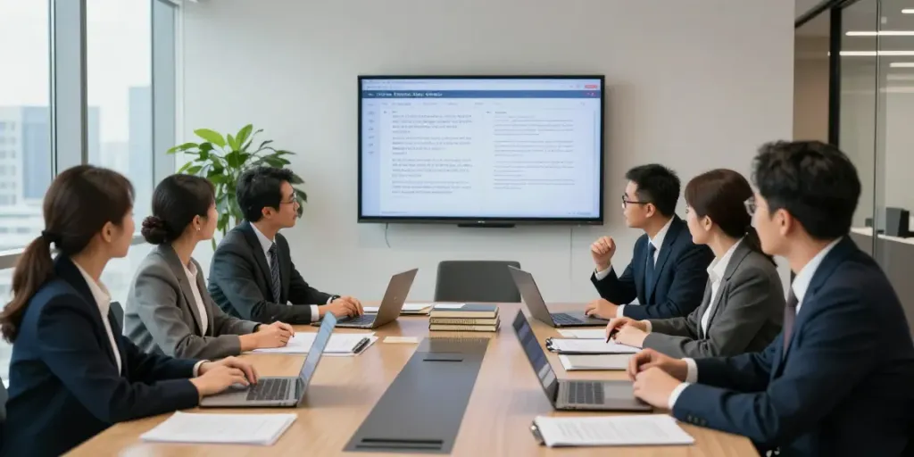 Collaborative meeting at Lead Roedl's office, showcasing diverse attorneys reviewing international law documents.
