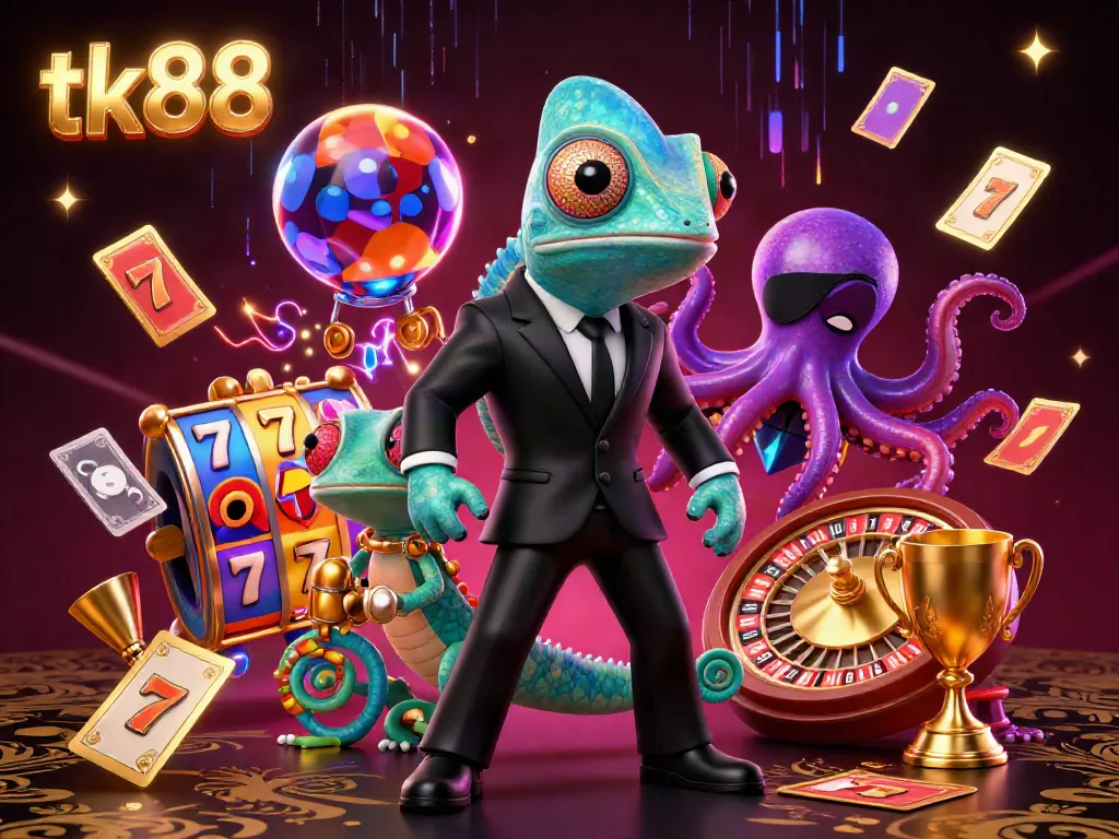 Engage with tk88's new online casino offerings featuring colorful slot reels and dynamic characters in a vibrant 3D scene.