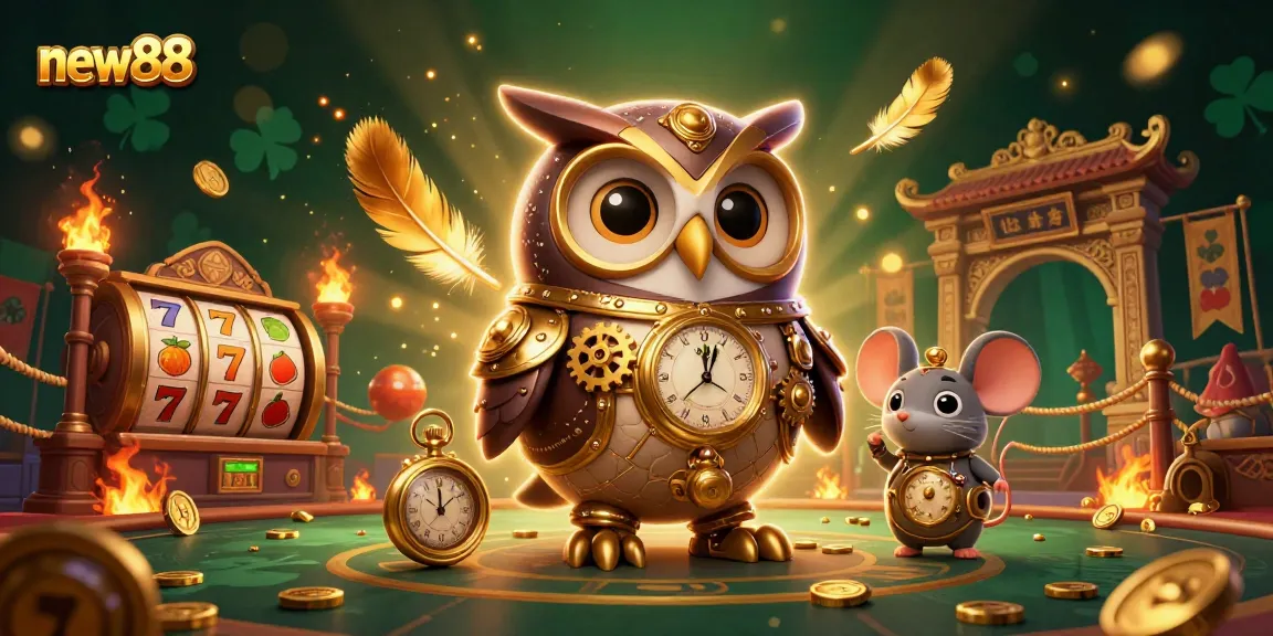 Experience the vibrant world of gambling with new88, featuring a steampunk owl and casino elements.