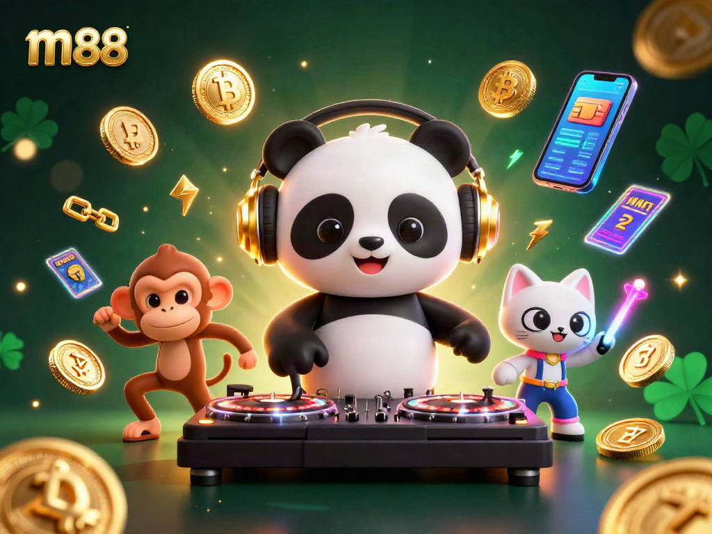 DJ panda spins at m88 casino while a breakdancing monkey and kitten bring rave energy.
