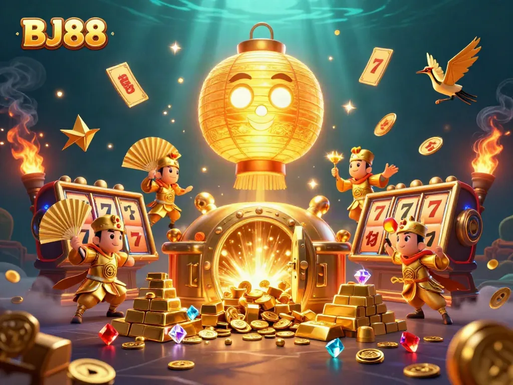 Bettors experience excitement at BJ88 Casino with vibrant gambling elements and rich golden treasures.