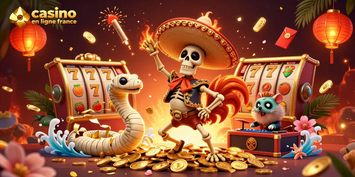 Jouez dans un casino en ligne France avec des personnages vibrants et des éléments de jeu autour d'eux.