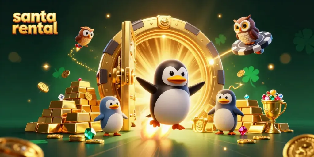 Experience the magical santa rental adventure with a golden penguin amidst casino treasures!