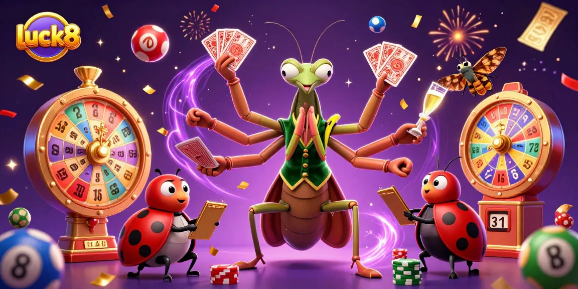 Luck8 captures winning moments around colorful lottery balls and vibrant game elements in an exciting casino scene.