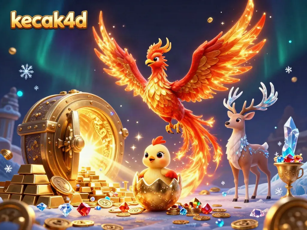 Experience exciting gameplay with kecak4d's vibrant digital casino scene showcasing a phoenix, treasure, and gems.