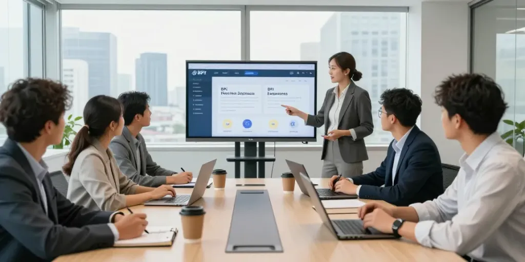 Engaged team discussing BPI Net Empresas features in a modern office.