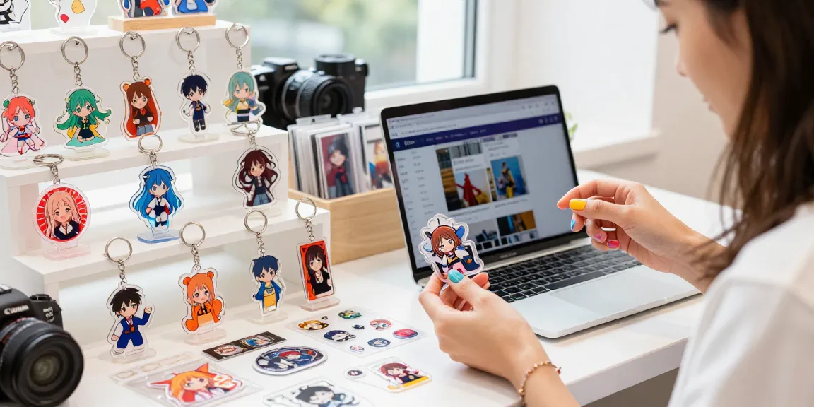 Custom acrylic keychain display in urban e-commerce setting, highlighting vibrant designs and user engagement.