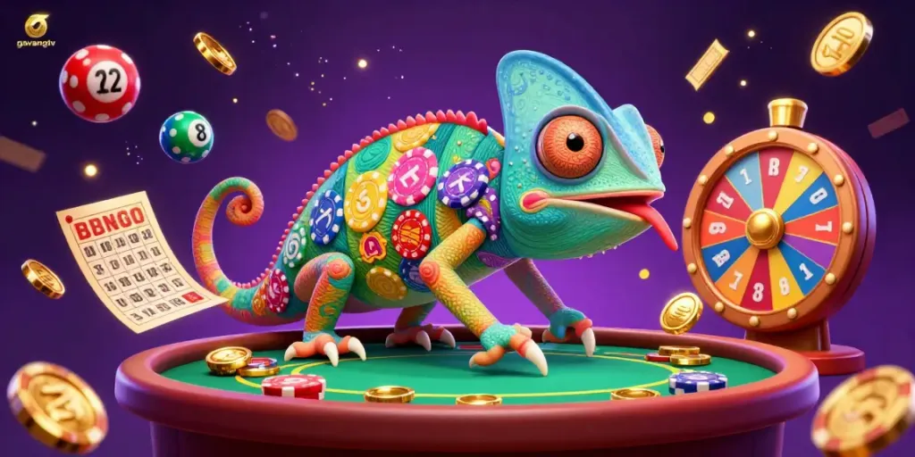 Experience dynamic gameplay at gavangtv with a colorful scene featuring a vibrant chameleon and gaming elements.
