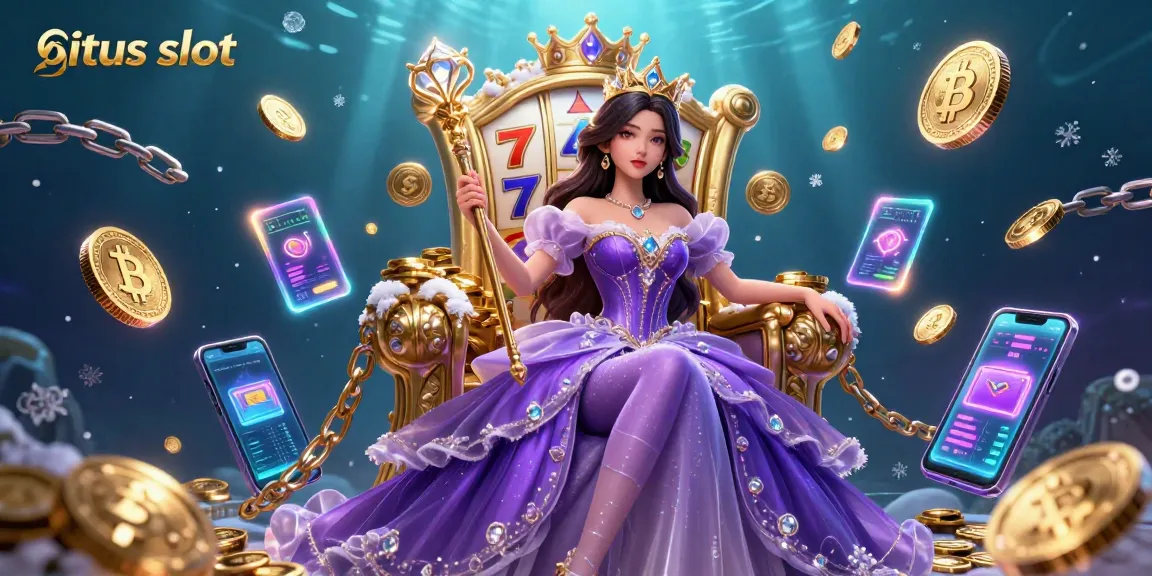 Engage in the exciting situs slot gaming experience with vibrant visuals of slot reels and cryptocurrencies.