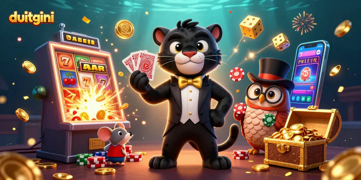 Duitgini platforms offer dynamic gameplay with a tuxedo panther dealer and festive casino elements.