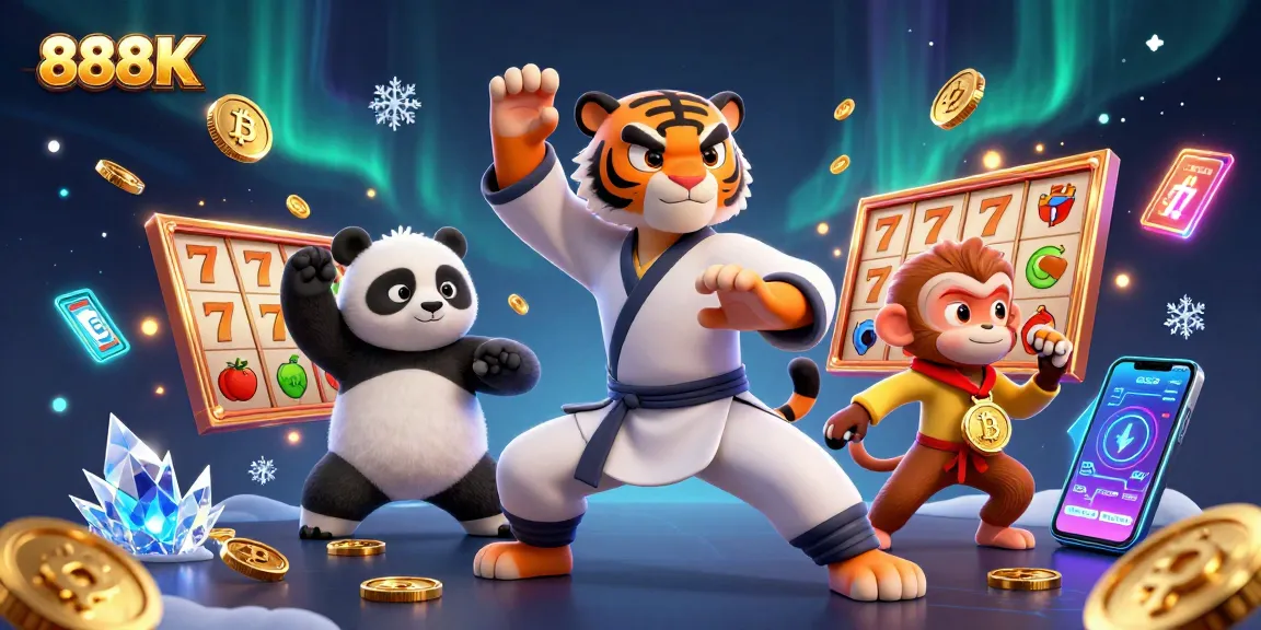 Engage in thrilling slots with 888K in this vibrant 3D casino scene filled with characters and rich elements.